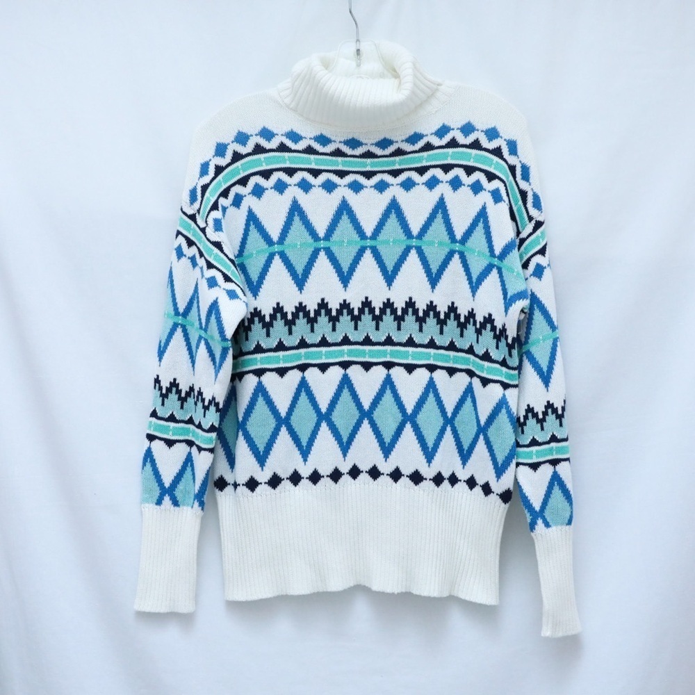 My Style Nordic Turtleneck Sweater White Blue argyle diamond print NWOT new warm